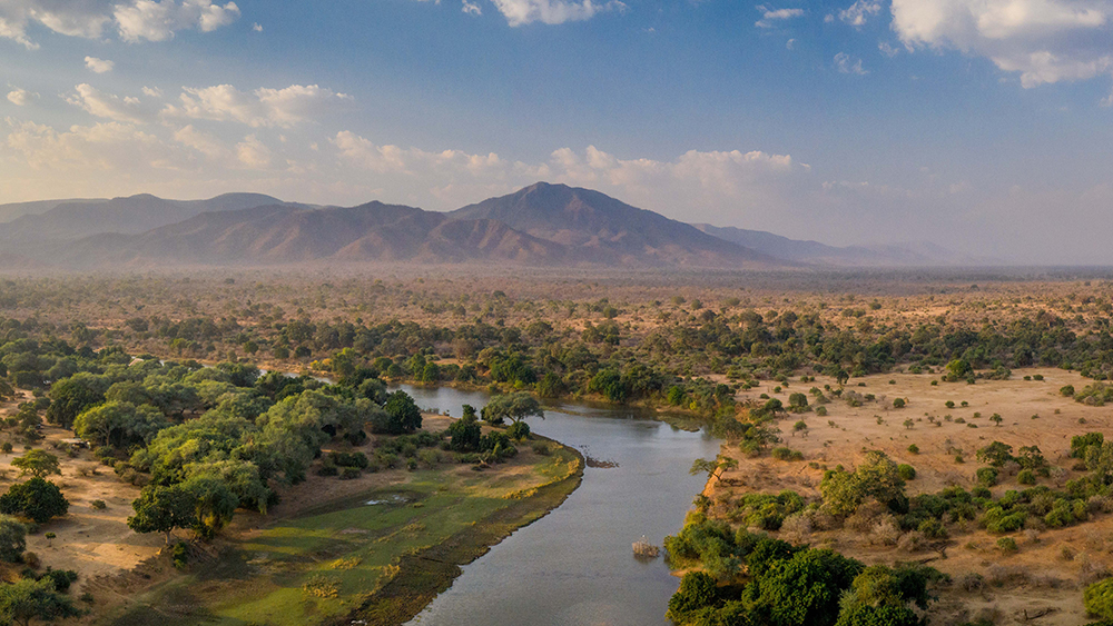 Aerial view of Zambezi River at Chongwe Camp, Lower Zambezi National Park