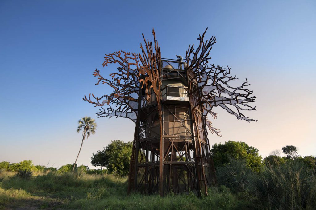 view of treehouse in the Okavango Delta, exclusive and the ideal hideaway on a African Safari. Xigera safari Lodge, Botswana