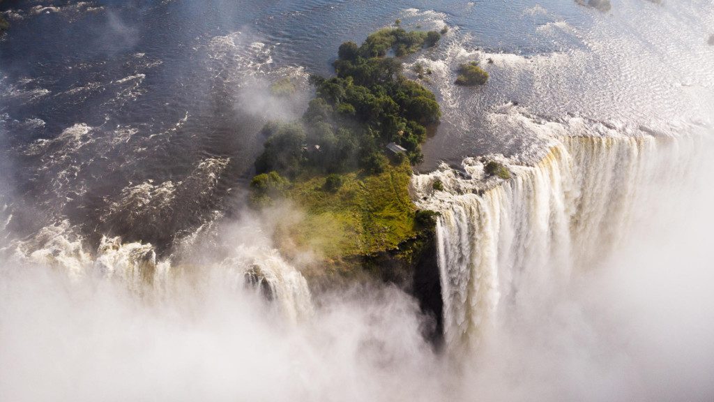 Aerial view of Livingstone Island on the edge of the mighty Victoria Falls, Zambia