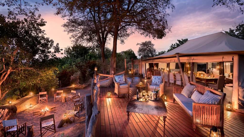 Guest area at dusk at Linyanti Bush Camp, Botswana