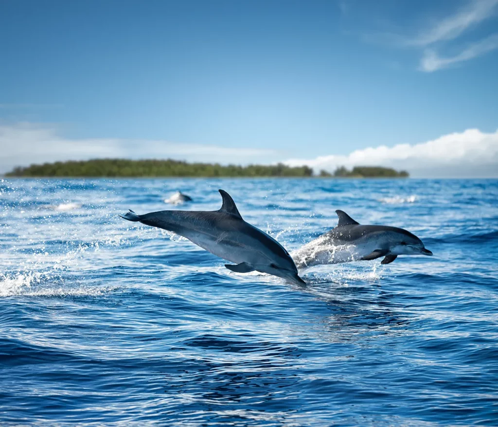 Dolphins swimming in the sea with Mnemba Island in the distance