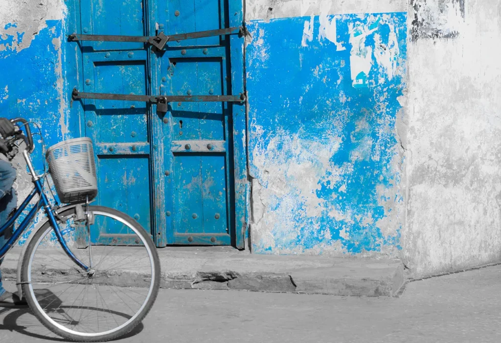 close up of a blue carved door in Zanzibar