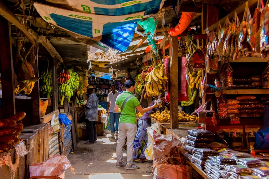 Busy shopping market in Stone Town, Zanzibar