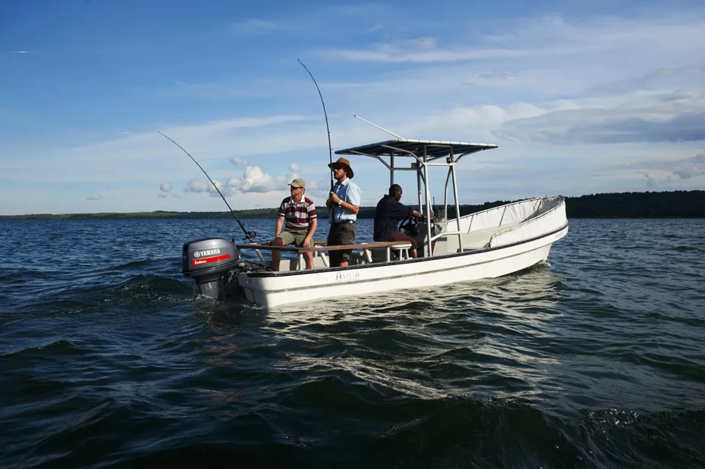 Guests enjoy some fishing on lake Victoria at Rubondo Island