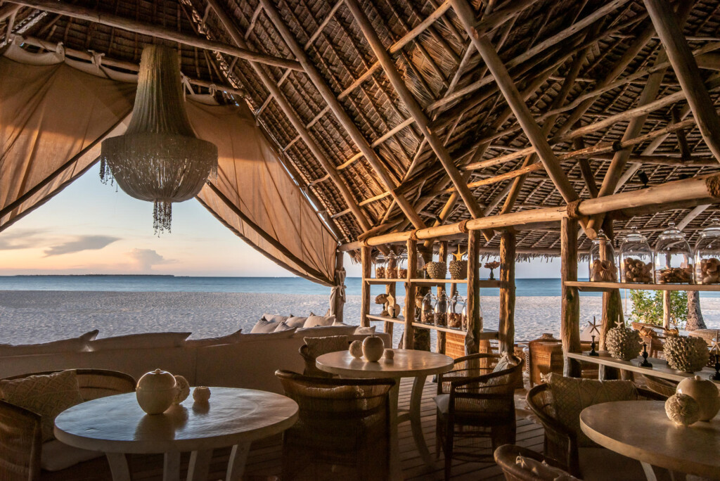 Fanjove island, view of the beach restaurant looking out to sea