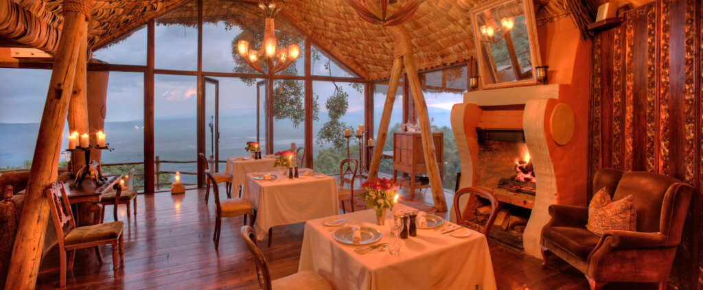 And Beyond Ngorongoro Crater Lodge, dining set up for dinner