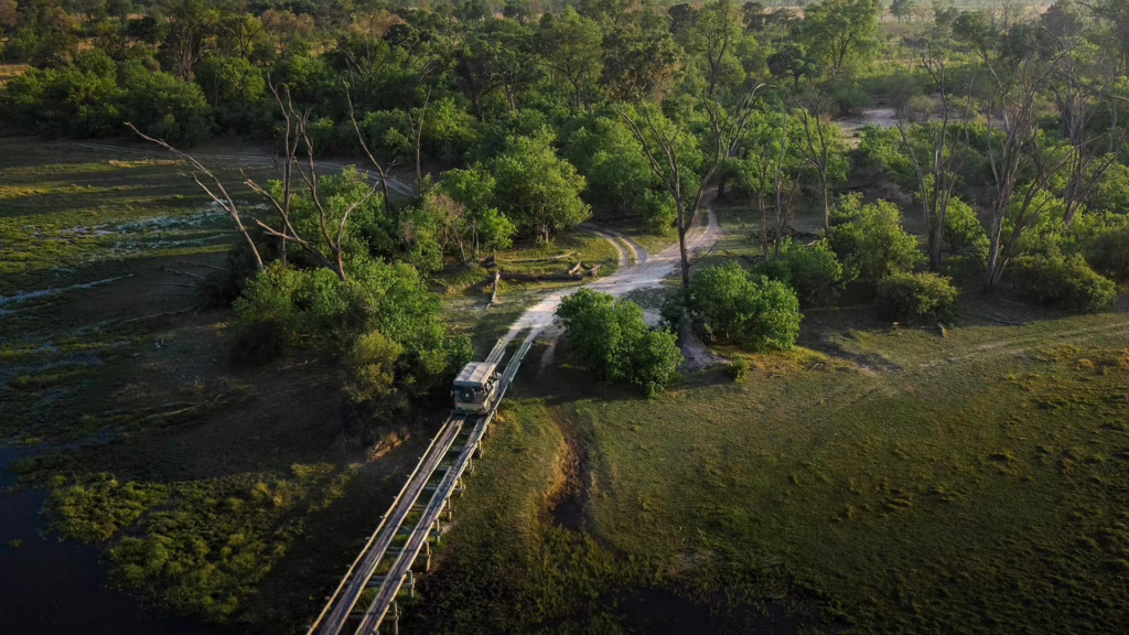 Aerial view of a safari vehicle crossing a wooden log bridge through the green floodplains and woodland of the Okavango Delta, Botswana.