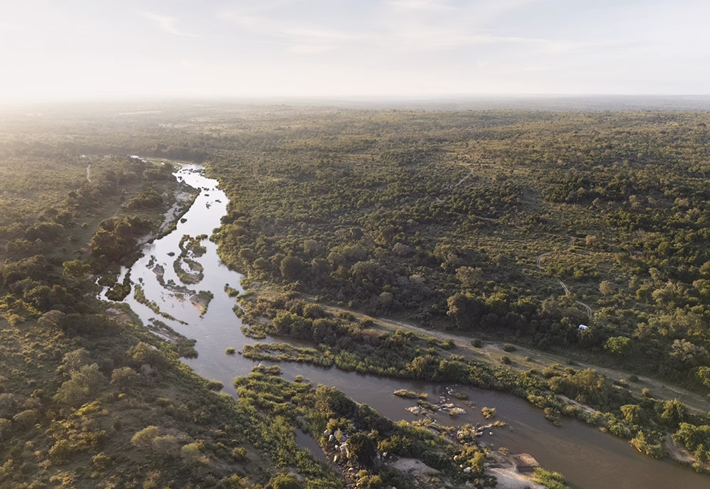 Aerial view of the Sabie River winding through the bush near Lion Sands' Tinyeleti Treehouse